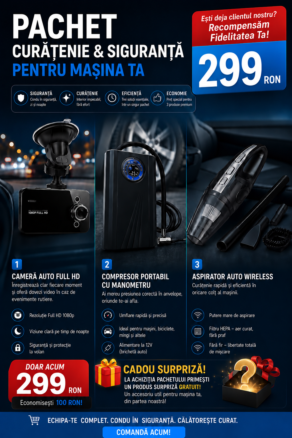 Pachet Curățenie & Siguranță Auto – Cameră DVR Full HD + Compresor Portabil + Aspirator Auto Wireless
