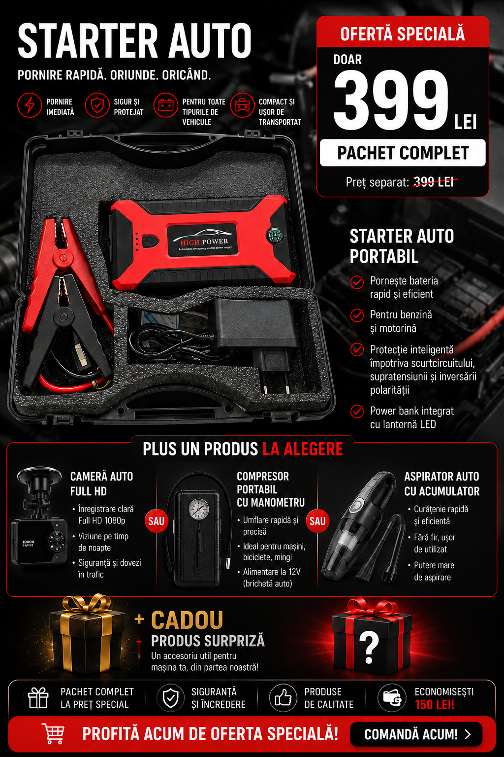 Pachet Start & Siguranță Auto – Booster Baterie + Produs la Alegere + Cadou