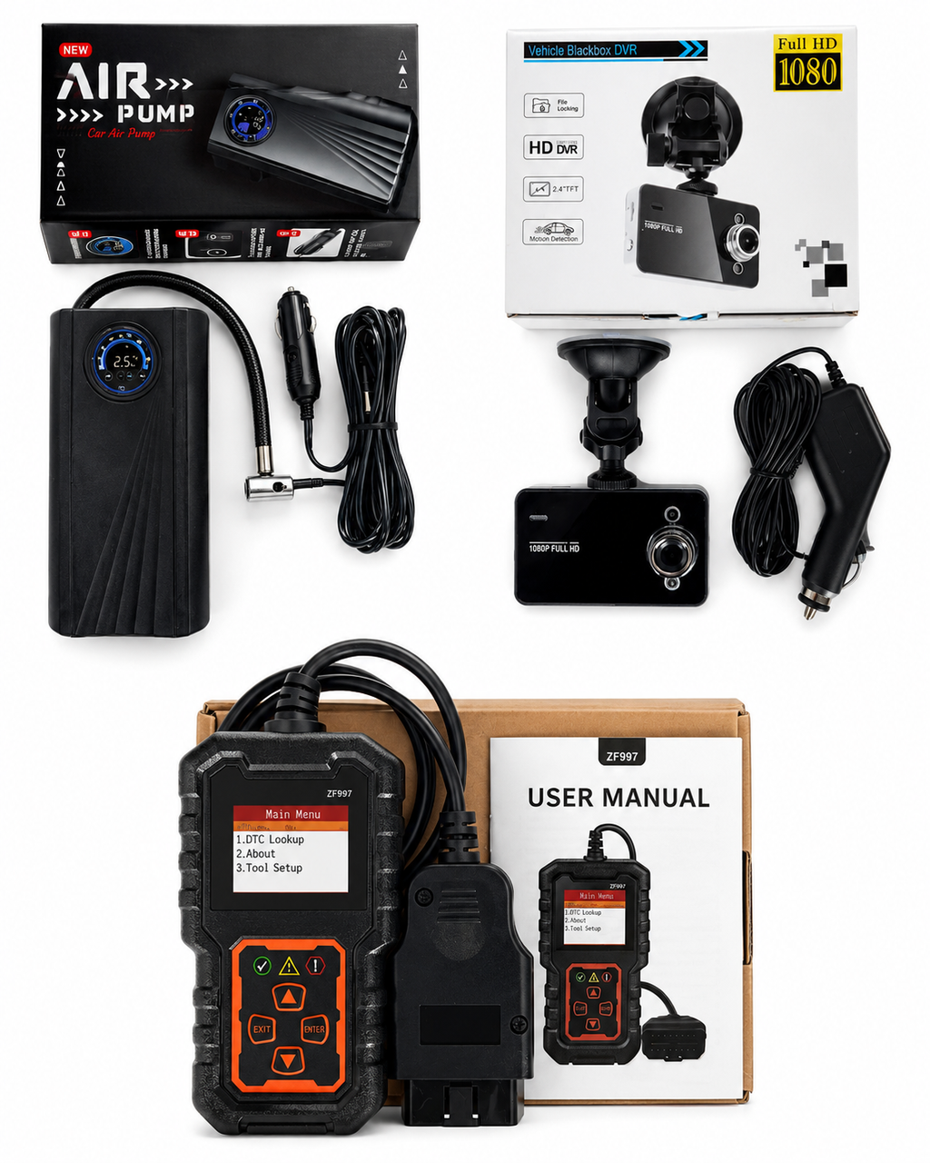 Pachet Premium Auto 3 in 1 – Tester Diagnoză OBD2 + Compresor Portabil + Cameră DVR Full HD