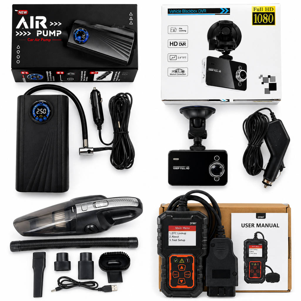 Pachet Gold Auto 4 în 1 – Tester OBD2 + Compresor Portabil + Aspirator Auto + Cameră DVR Full HD