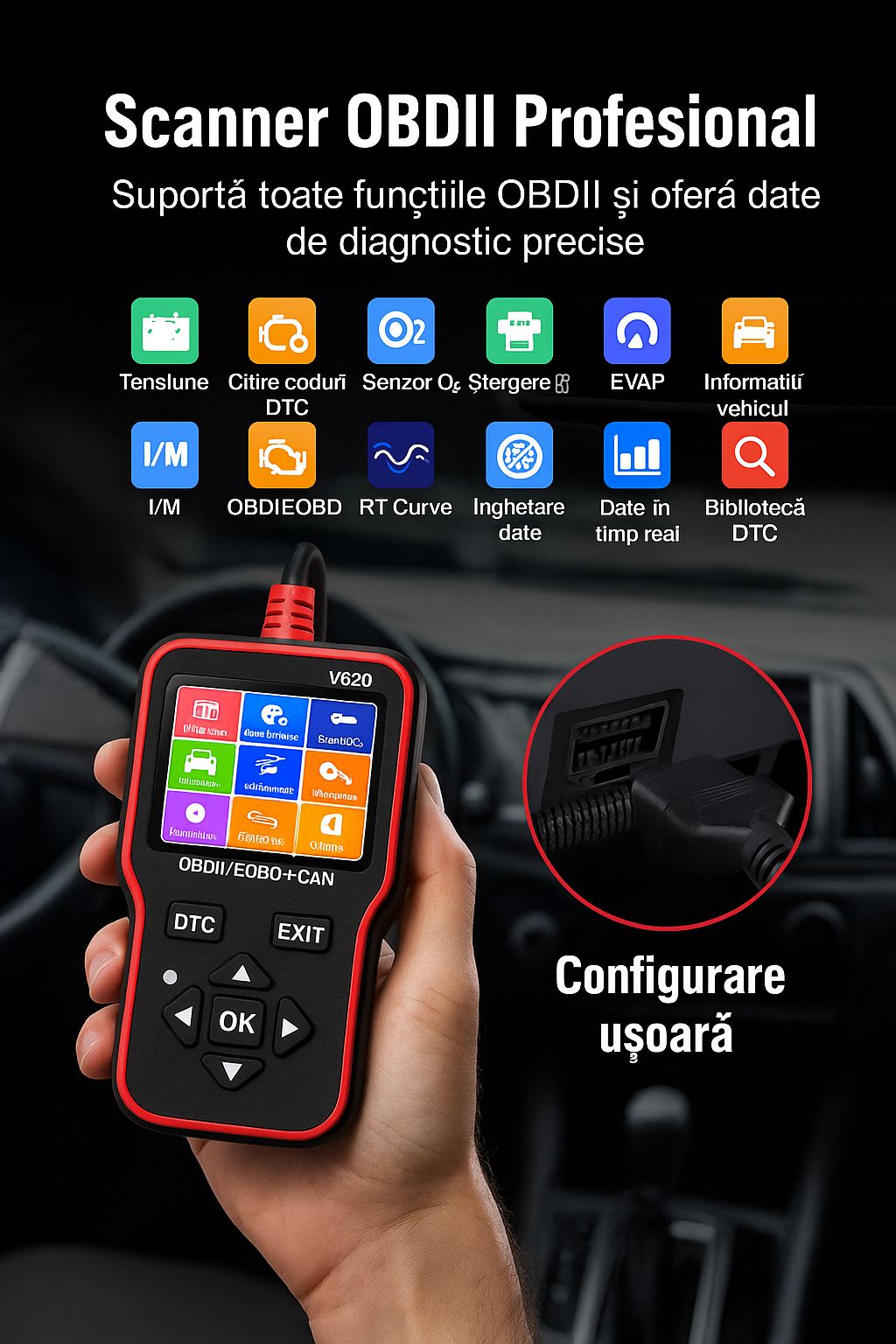 Tester Diagnoză Auto OBD2 V620 – Scanner Auto Profesional